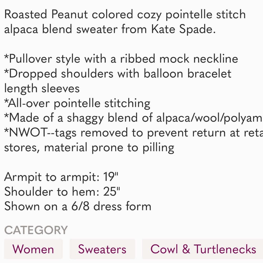 NWOT  KATE SPADE Cozy Pointelle Alpaca Sweater, M - Picture 6 of 6
